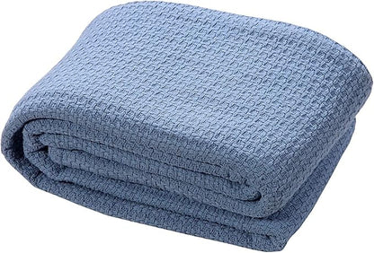 HILLFAIR 100% Combed Cotton Blanket– King Bed Blanket– Soft Cozy Warm Multipurpose Throws for Luxury Home Decor– 90 x 108 inch King Size Cotton Blankets for Beds- Bed Blankets for All Season- Blue