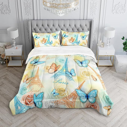 Paris Eiffel Tower Themed Bedding Butterfly Comforter 3Pcs Full Tie Dye Rose Colorful Pattern Bedding Set for Teen Girl Boy Bed Decor Romantic Building Quilt with 1 Comforter and 2 Pillowcases