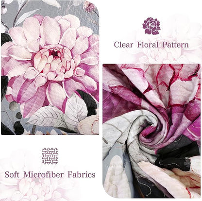 Drucon Floral Quilt King Size - 3 Pieces Grey Quilt Botanical Bedspread Soft Lightweight Flower Bedding Set for All Season (104"x90")