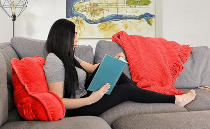 Super Soft Velvety Backrest Reading Bed Rest Pillow with Arms and Pockets 18" H for Sitting in Bed Couch Sofa, Back Support Wedge Cushion with Removable Cover, 20" x 18" x17", Bright Pink