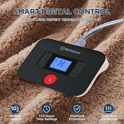 Westinghouse Electric Blanket Full Size, Soft Plush Sherpa Heated Blanket with 10 Heating Levels & 1-12 Hours Auto-Off, Machine Washable, 80x84 inches, Camel