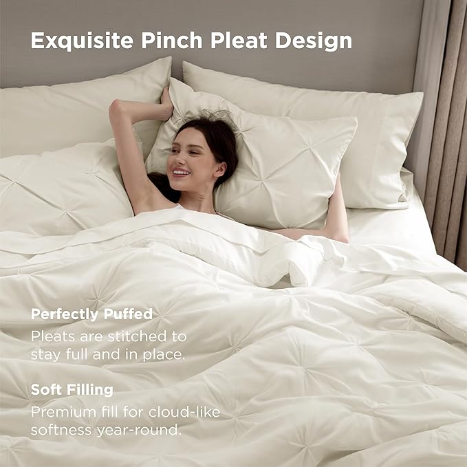 Bedsure Twin Comforter Set Ivory - Bed in a Bag Twin Size Bedding 5 Pieces, GentleSoft™ Pintuck Bed Set Gift for Family, Pinch Pleat Ivory Comforter with Sheets, Pillowcase & Sham