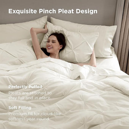 Bedsure Twin Comforter Set Ivory - Bed in a Bag Twin Size Bedding 5 Pieces, GentleSoft™ Pintuck Bed Set Gift for Family, Pinch Pleat Ivory Comforter with Sheets, Pillowcase & Sham