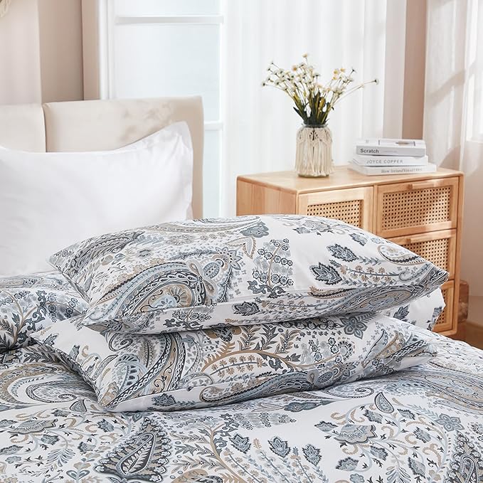 Grey Paisley Duvet Cover King Size 100% Cotton Comforter Covers Soft & Breathable 3 Pcs Luxury Duvet Cover Sets with Zipper Closure All Season