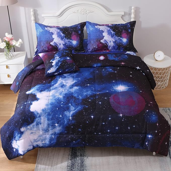 6Pcs Galaxy Comforter Set with Sheets for Kids Boys Girls Teens, Outer Space Themed Bed in a Bag Twin Size, Dark Blue 3D Printed Bedroom Decor Bedding Set