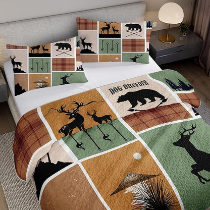 QOOMO Hunting Quilt Set Full/Queen Size,Rustic Bedspread Coverlet Set,Deer 3Pcs Bedding Set Printed Quilt with 2 Pillowcases,Soft and Lightweight,for All Seasons