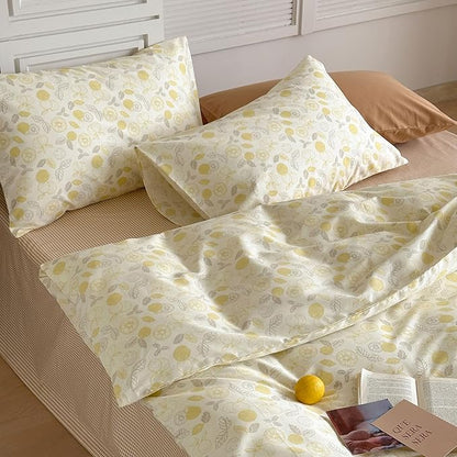 AOJIM Kids Adults Aesthetic Duvet Cover Set for Room Decor, Pure Cotton Comforter Cover Set 3pcs with Yellow Lemon Pattern, 1 Soft Quilt Cover Queen Size and 2 Matching Pillowcases, No Comforter