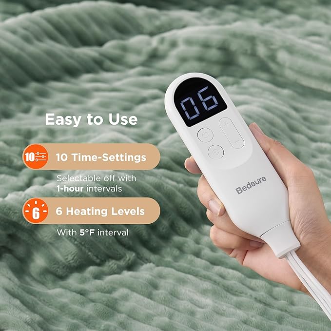 Bedsure GentleSoft Electric Blanket Full Size - Soft Ribbed Flannel Heated Blanket with 6 Heat Settings, Heating with 10 Time Settings, 8 hrs Timer Auto Shut Off, Gifts for Grandma (72"x84", Green)