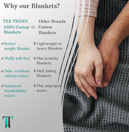 Tex Trend Grey Waffle Blanket – 100% Cotton Blankets Queen Size – Breathable and Soft for Bed Layering, Sofa, Grey (90”x90”)