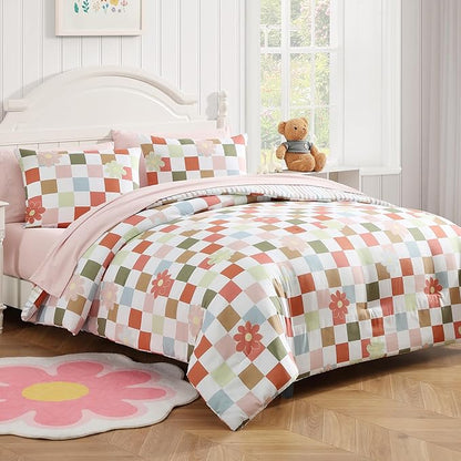 Twin XL Comforter Set for Girls, Colorful Checkered Bedding Set with Cute Floral, All Season Plaid Kids Bed in a Bag Dorm 5 Pieces with Sheets, Pillowcase & Sham