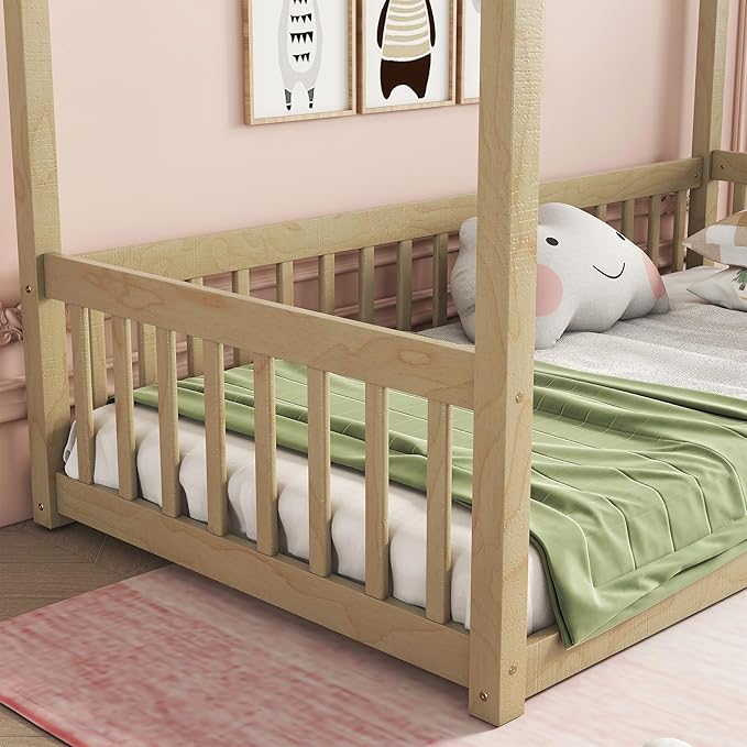 MERITLINE Full Canopy Bed Frame with Fence,Solid Wood Montessori Floor Bed with Guardrail, Easy to Assemble (Natural)