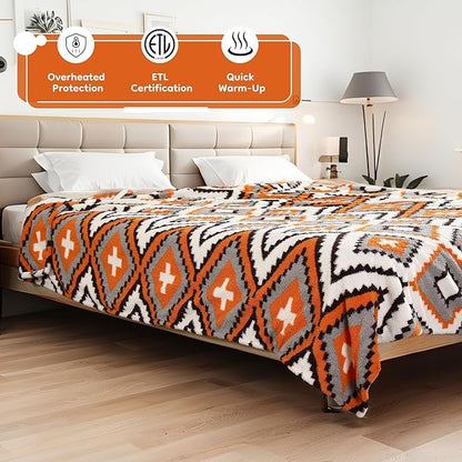 Electric Heated Throw Blanket 50"x60" - Bohemian Design with Plush Sherpa, 4 Heat Settings, 3-Hour Auto-Off, Machine Washable, for Couches and Beds, Diamond