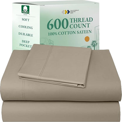 California Design Den Luxury Twin Sheet Set - 100% Cotton, 600 Thread Count Deep Pocket Twin Sheets, Soft Hotel-Quality Bedding with Sateen Weave (Cool Taupe)