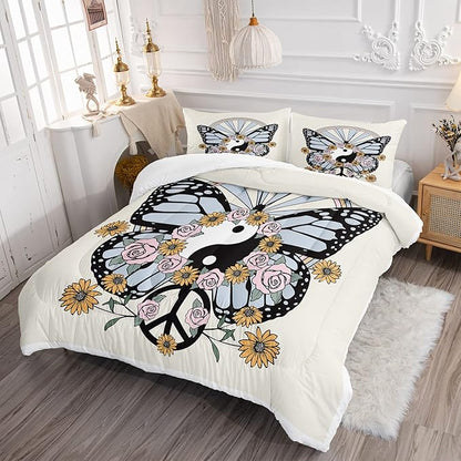 CVHOUSE Butterfly Bedding Set,Butterfly Comforter Full,Butterfly Comforter Set for Girls Kids Teens,Butterflies Quilt Set with 1 Comforter and 2 Pillow Cases- 3 Piece