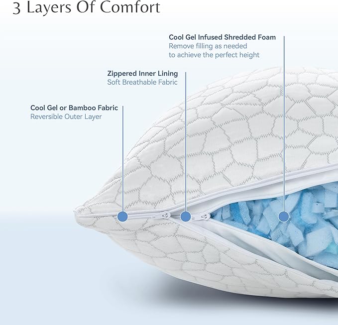 Cool Gel Cooling Pillow for Hot Sleepers - Standard Size Set of 2 Shredded Memory Foam Pillows for Sleeping - Adjustable Neck & Shoulder Support, Reversible Cover, Hypoallergenic & Breathable
