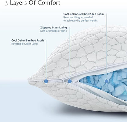 Cool Gel Cooling Pillow for Hot Sleepers - Standard Size Shredded Memory Foam Pillows for Sleeping - Adjustable Neck & Shoulder Support, Reversible Cover, Hypoallergenic & Breathable