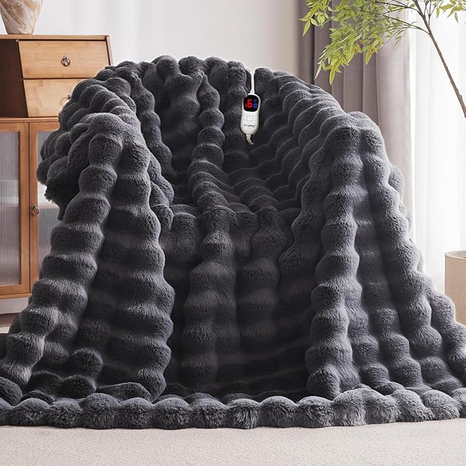 Heated Blanket Queen Size with 1/2/4/6/8 Hours Auto-Off 10 Heat Level, 71'' * 83'' Cozy Faux Rabbit Fur Bubble Electric Blanket with Overheat Protection(Dark Grey)