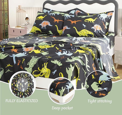 SDY 7PCS Dinosaur Comforter Set Queen Size Cute Printed Comforter Sets Bed in a Bag for Toddler,Girls Boys and Kids, with Comforter, Flat Sheet, Fitted Sheet and Pillowcases & Shams