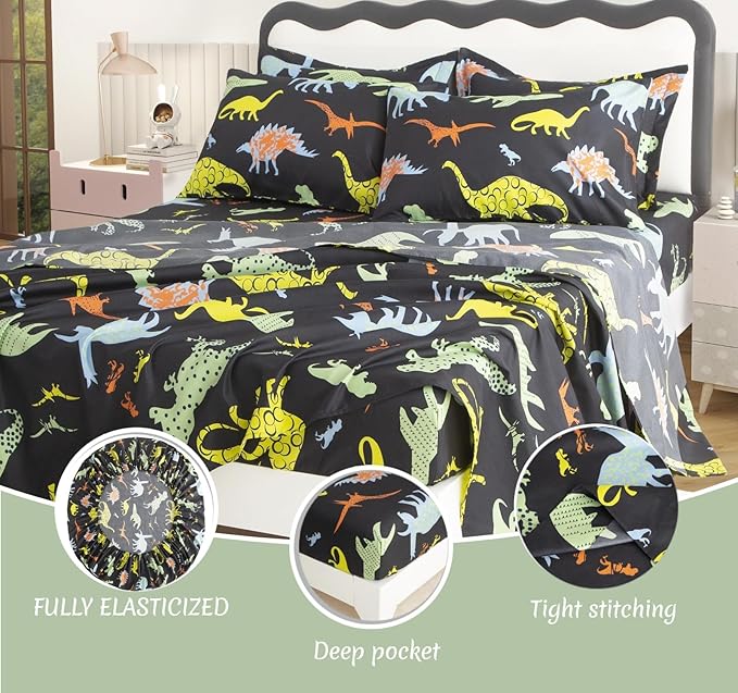 SDY 7PCS Dinosaur Comforter Set Full Size Cute Printed Comforter Sets Bed in a Bag for Toddler,Girls Boys and Kids,Dinosaur Bedding with 1Comforter, FlatSheet, FittedSheet and Pillowcases & Shams