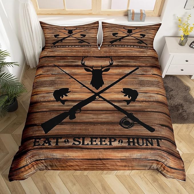 Hunting Themed Duvet Cover Set King Size,Deer Antler Animal Comforter Cover with 2 Pillowcases Bedspread,Brown Retro Farmhouse Board Microfiber Quilt Cover for Adult Women,3pcs