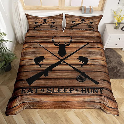 Hunting Themed Duvet Cover Set King Size,Deer Antler Animal Comforter Cover with 2 Pillowcases Bedspread,Brown Retro Farmhouse Board Microfiber Quilt Cover for Adult Women,3pcs