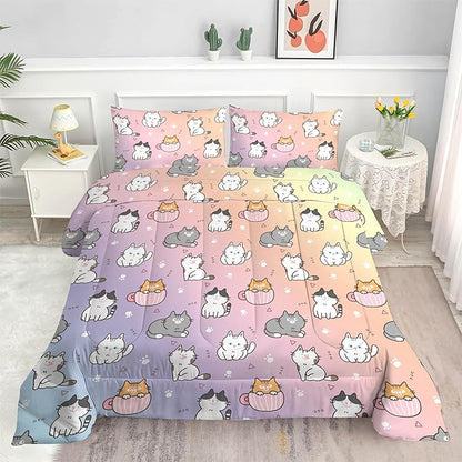 Cat Comforter Set Full: Cat Themed Rainbow Bedding Set Kawaii Colorful Kitten Quilts Pet Cats Bed Sets for Teen Girls Kids Women 1 Comforter & 2 Pillowcases