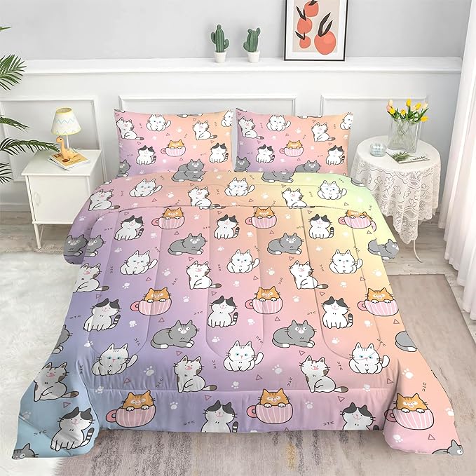 Cat Comforter Set King: Cute Cats Bedding Sets Cartoon Pet Kitten Quilts for Women Teen Girls Adult Rainbow Kawaii Kitty 3 Piece Bed Set 1 Comforter & 2 Pillowcases
