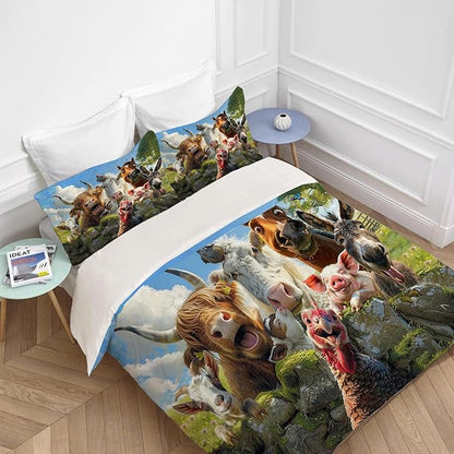 Funny Animals Bedding Set 3 Pieces Soft Lightweight Microfiber Farmhouse Cow Donkey Pig Bedspread Coverlet Set Fun Horse Duvet Cover Twin Full Queen King for Comforter Bed Set for Girls Boys Women Men