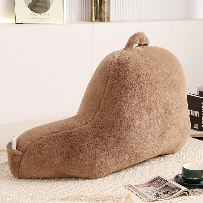Reading Pillow for Sitting in Bed, Large Backrest Reading Pillow with Arm Rest,Back-Rest Support Cushion for Sit Up on Couch, Sofa, and Floor, Dorm Essentials (Khaki Faux Fur, Standard(17"))