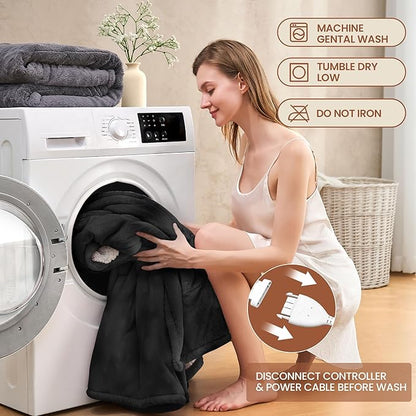 Heated Blanket Twin 62"×84" - Premium Cosy Soft Electric Blanket with 6 Heating Levels,Fast Heating Flannel Sherpa Machine Washable Blanket for Bed & Couch - Auto Shut Off (Black)