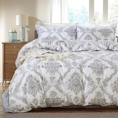 100% Cotton Duvet Cover Set Queen Size – Elegant Damask Print, Soft & Breathable Bedding with Zipper and Corner Ties, 3-Piece Reversible Comforter Cover Set