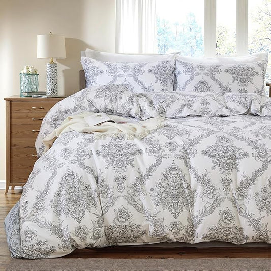100% Cotton Duvet Cover Set King Size – Elegant Damask Print, Soft & Breathable Bedding with Zipper and Corner Ties, 3-Piece Reversible Comforter Cover Set