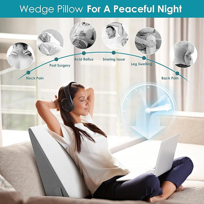 Sleeping Bed Wedge Pillow for Adults Seniors, 10 inch Cooling Memory Foam Incline Pillow Wedge for Head, Neck & Back Support and Leg Elevation, Removable Washable Cover, White
