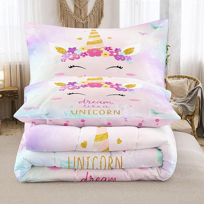 Bodhi Girls Unicorn Bedding Twin,Twin Bedding Sets for Girls with Butterfly and Flowers,Kids Unicorn Comforter Sets 5 Piece