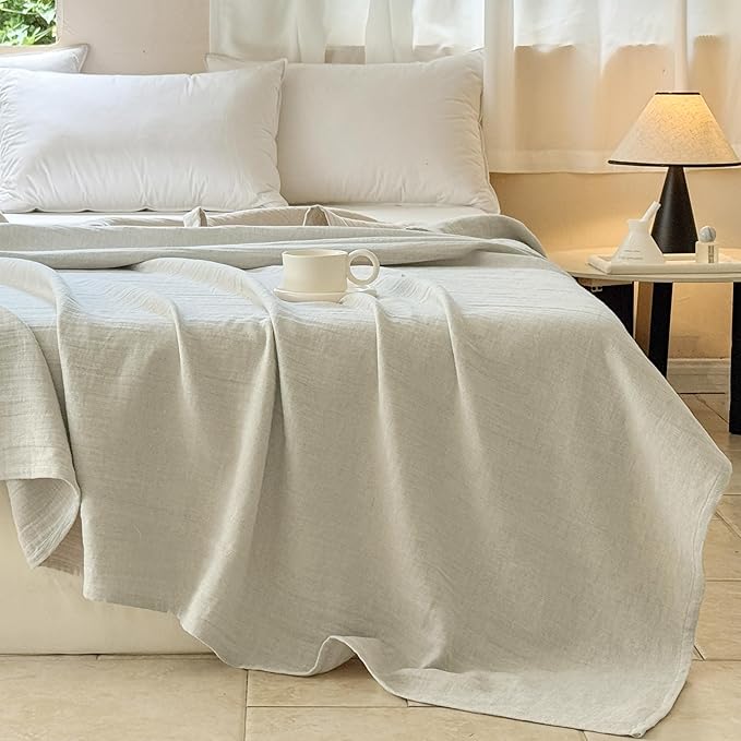 Simple&Opulence Linen Cotton Blanket with Double Layered Folded Edge for Couch/Bed/Sofa/Gift, Natural Flax Solid Color Soft Breathable Cozy Farmhouse Home Décor - Linen, 90"x90"