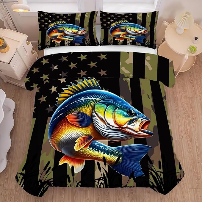 Bass Fish Comforter Set Twin Size Camouflage Fisherman Bedding Set for Men Boys Teens Green Fishing Lover Bedroom Farmhouse Bed Set Wild Quilted,1 Comforter 1 Pillowcase