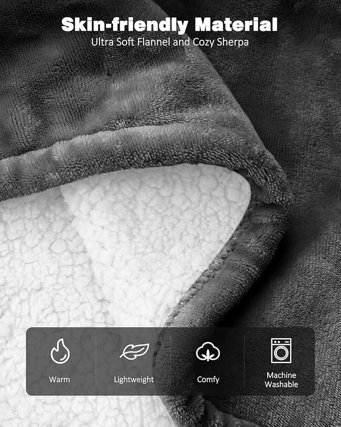 Heated Blanket Throw with 2 Wearable Buttons, Lux-Soft Flannel Sherpa Electric Blanket 9 Heat Levels & 1-10H Timer, 50"x60" Wearable Heated Throw Blanket, ETL Certified Machine Washable (Grey)