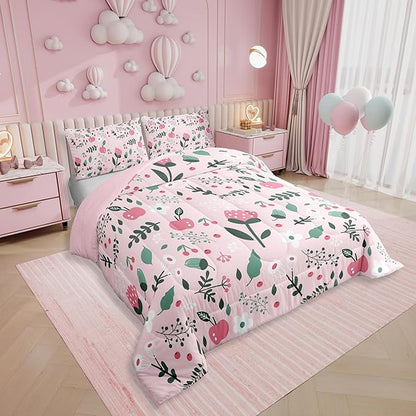 Erosebridal Pink Floral Toddler Bedding Set - Boho Flower Cute Comforter Set for Girls Kids, Botanical Plant Green Leaf Bed Set, Cottage Core Room Decor with 1 Pillowcase, Lightweight