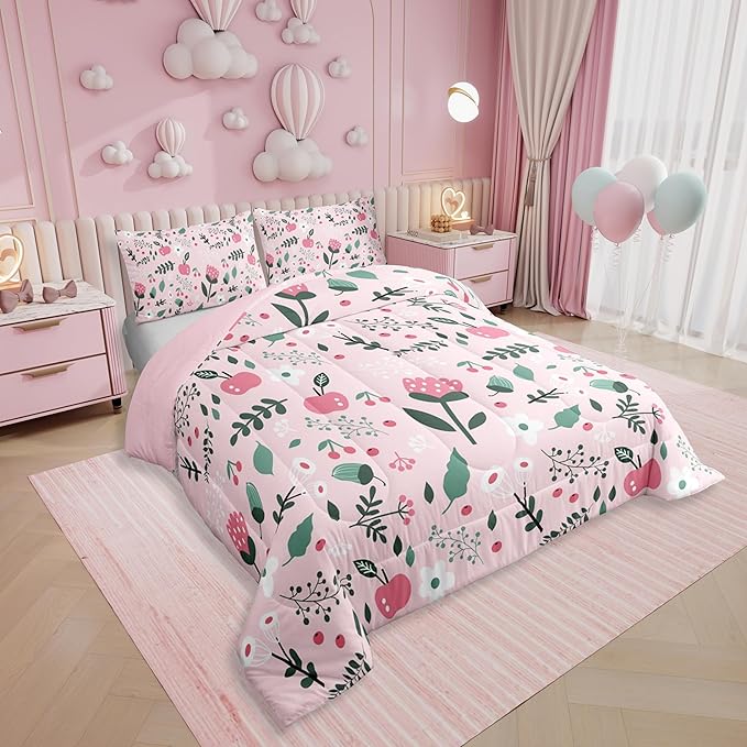 Erosebridal Pink Floral Full Comforter Set - Boho Flower Cute Bedding Set for Girls Kids Teen, Botanical Plant Green Leaves Quilt, Farmhouse Bedroom Decor with 2 Pillowcases, Breathable