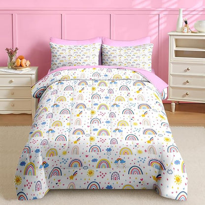 Nesker 5 Pcs Comforter Set Twin Size, Colorful Cartoon Bedding for Kids Teen, Cute Boho Rainbow Bed Sheet with Pillowcase & Sham