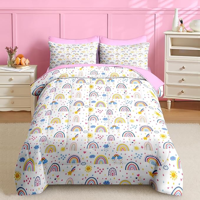 Nesker 7 Pcs Comforter Set Full Size, Colorful Cartoon Bedding for Kids Teen, Cute Boho Rainbow with Fitted Sheet 2 Pillowcases & 2 Shams for Bedroom Bed Decor