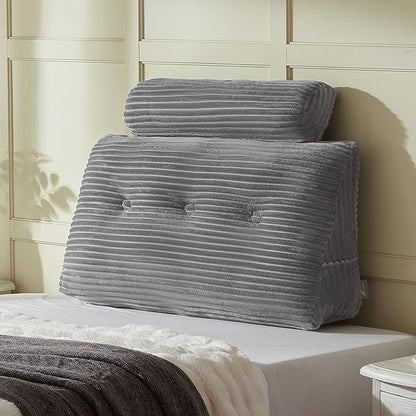 Headboard Wedge Pillow + A Long Neck Roll Pillow Body Pillow，Large Headboard Pillow with Removable Cover (Blue-Gray, Twin：39x8x20 inches)