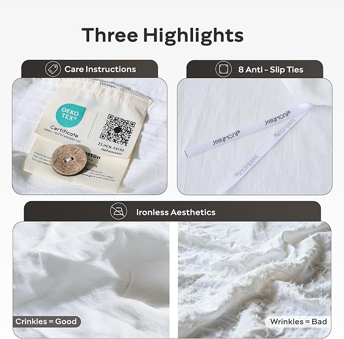 JELLYMONI Washed Cotton Duvet Cover - Off White, Oversized King Size 120x98 Inches, 3-Piece Bedding Set with Button Closure, Includes 1 Duvet Cover & 2 Pillowcases (Comforter Not Included)