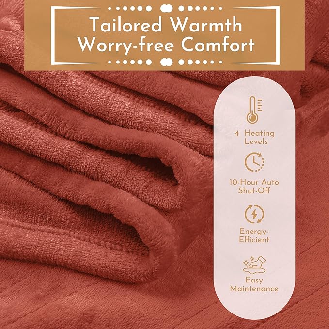 Electric Heated Blanket 84"x90" Queen Size Flannel Heated Blanket, Cozy & Warm for All Night, 5 Heat Settings & 10 Hours Auto Off, Machine Washable-Brick Red