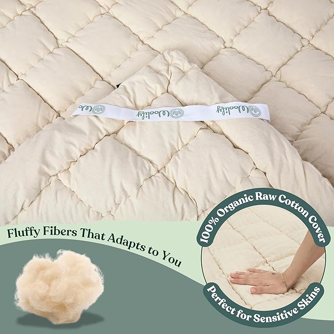 Organic Merino Wool Mattress Topper - Luxury Pillow Top Mattress Pad, Handmade, Non-Toxic, Cooling & Hypoallergenic, Natural Back Pain Relief, Sustainable Bedding (Full)