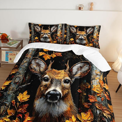 HOSIMA Deer Full Size Comforter Sets,Brown Deer in Forest Print Animal Bedding for Teens Boys Room Decor,Maple Leaves Pattern Hunting Themed Fluffy Wildlife Bedding Sets with 2 Pillowcases.