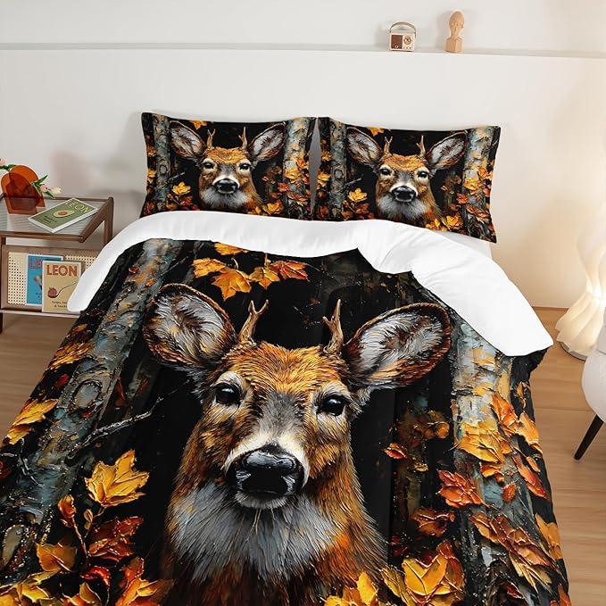 HOSIMA Deer King Size Comforter Set,Brown Deer in Forest Print Animal Bedding for Teens Boys Room Decor,Maple Leaves Pattern Hunting Themed Fluffy Wildlife Bedding Sets with 2 Pillowcases.