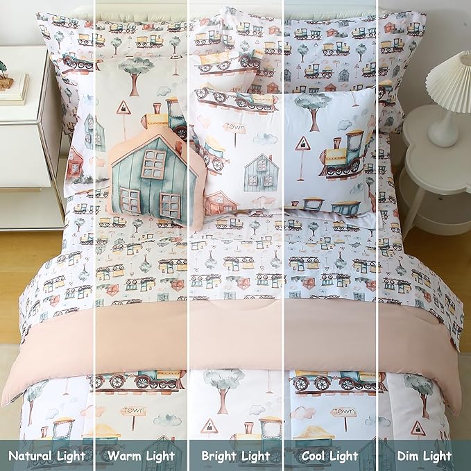 Mooreeke Kids Full Comforter Sets for Boys 8 Pieces Train Bedding Set for Teens Microfiber Country Train Town Kids Bed in A Bag with Comforter, Sheet Set, Shams and Decorative Toy Pillow All Season