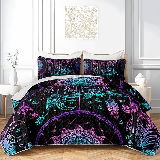 AILONEN Dreamcatcher Quilt Set Queen Size,Purple Blue Feather Print Bedspread Coverlet,Bohemian Mandala Bedding Set Printed with 2 Pillowcases,Soft and Lightweight