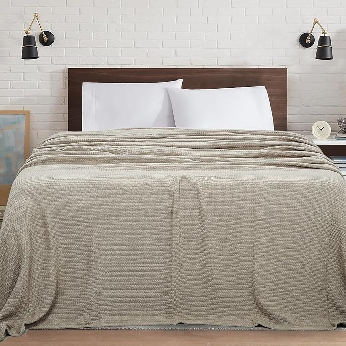 HILLFAIR 100% Cotton Blanket- 120" x 120" XXL Oversized King Bed Blankets - Family Size 10 ft x 10 ft Big - All Season Soft Cozy Breathable Blankets for Bed - Extra Large King Cotton Blanket- Sand